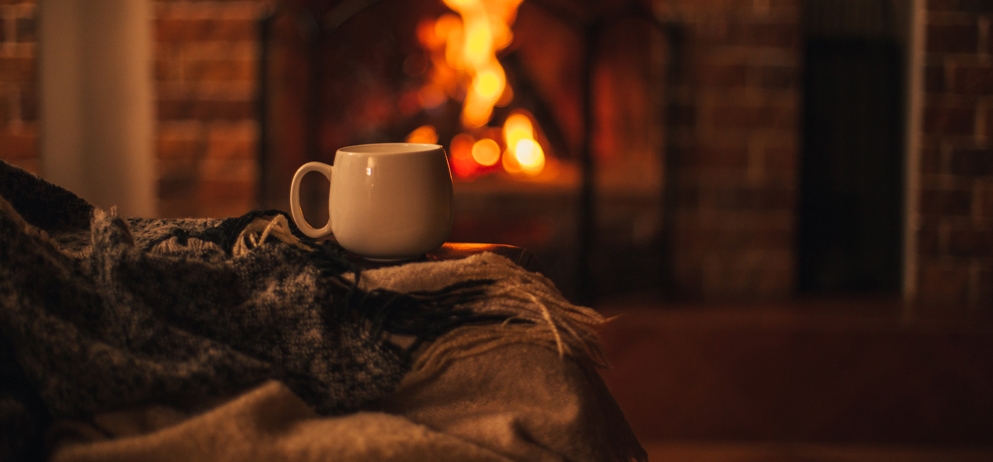 cozy vibes art tea and fireplace